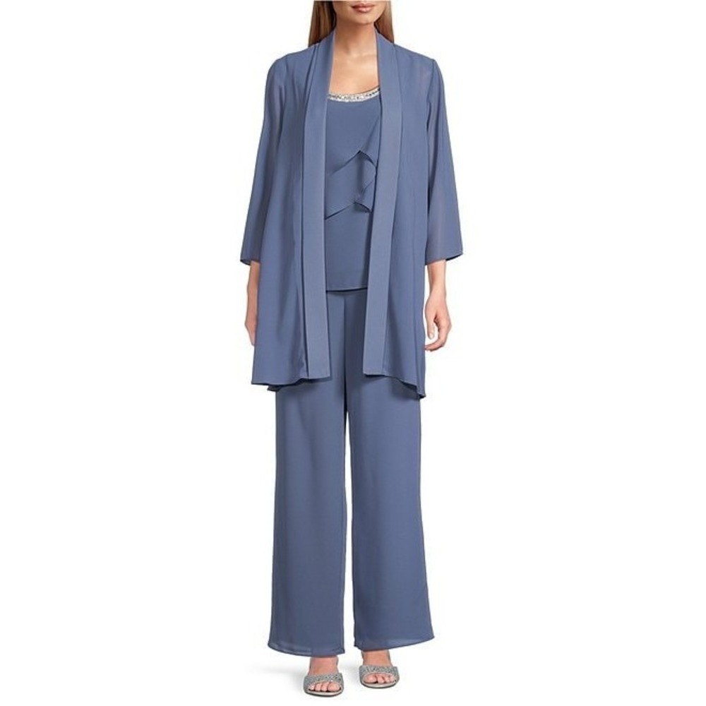 R&M Richards Slate Blue Three-Piece Draped Pantsuit